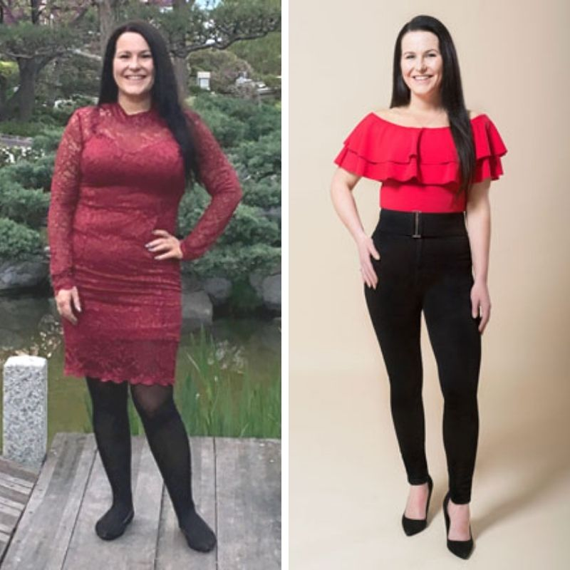 Client before and after weight loss in a red dress