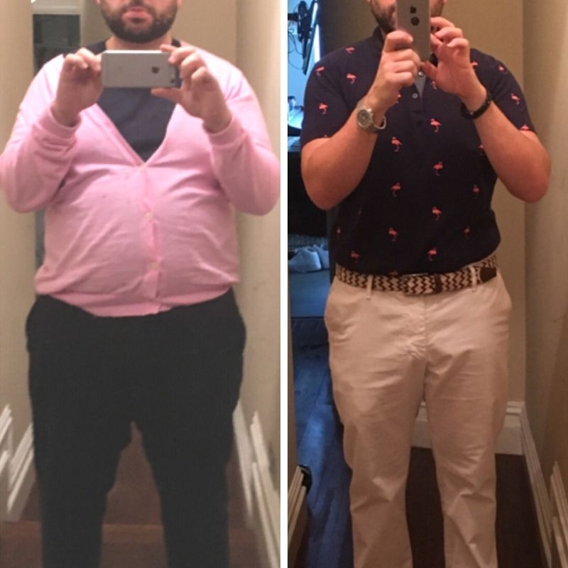 Male client before and after weight loss in the mirror
