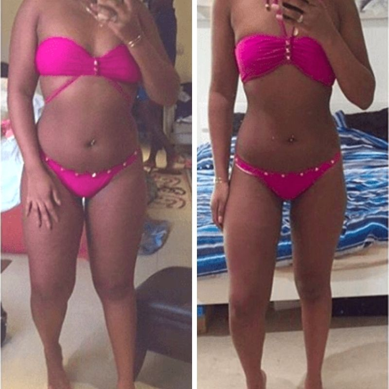 Client before and after weight loss on the beach