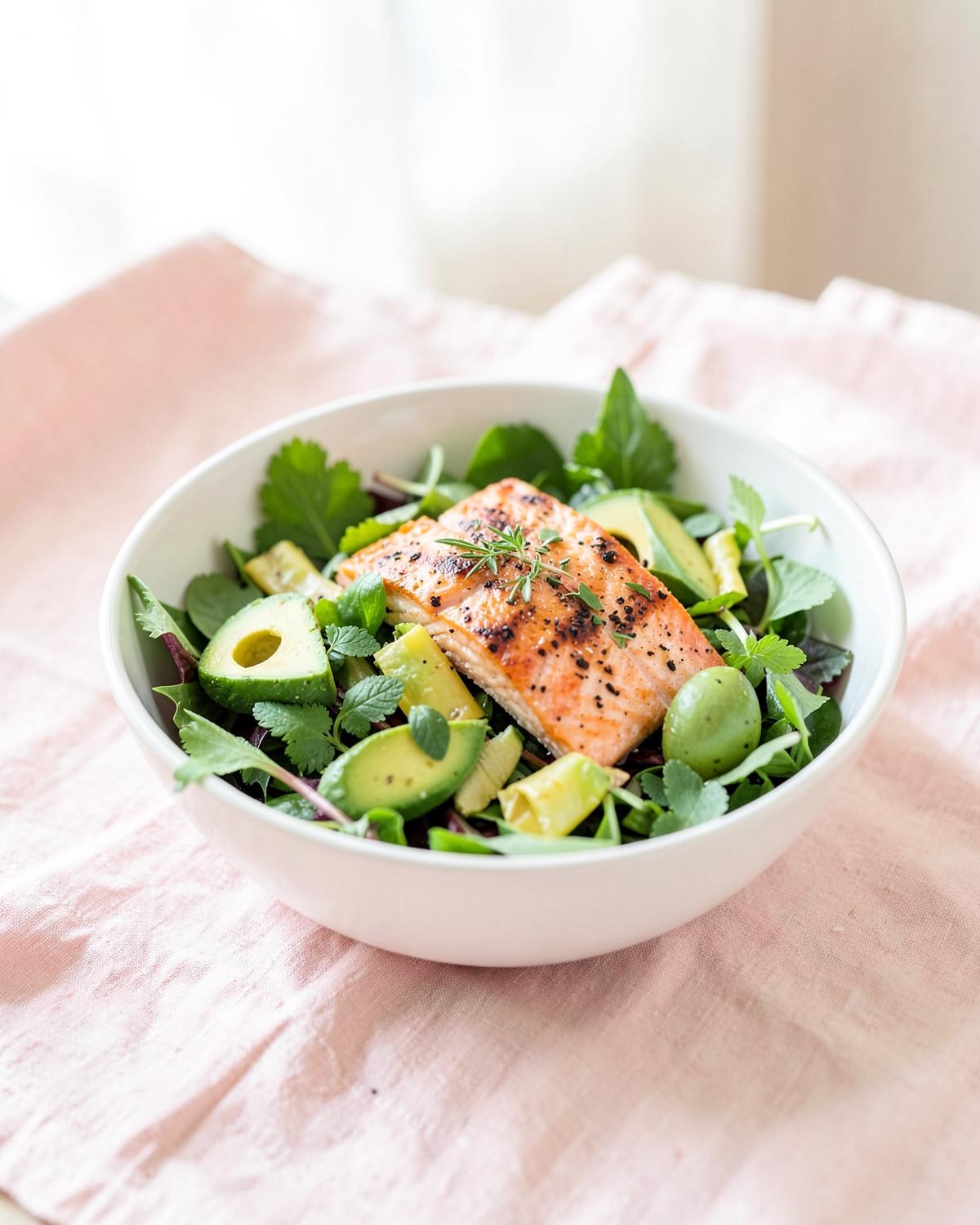 A fresh salmon and avocado salad bowl